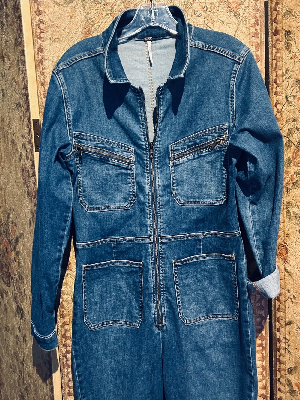 Free People Size Large Denim Zip-Front Jumpsuit - Blue